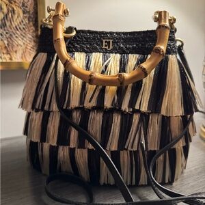 Elegant Black and Cream Bamboo Handle Bag